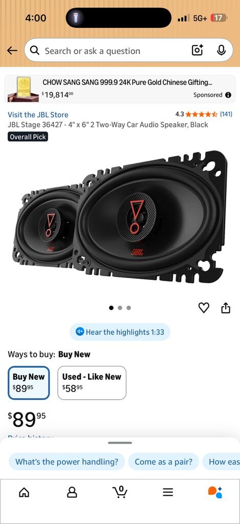 Brand New Jbl Stage 36427 4 X 6 Card Speakers