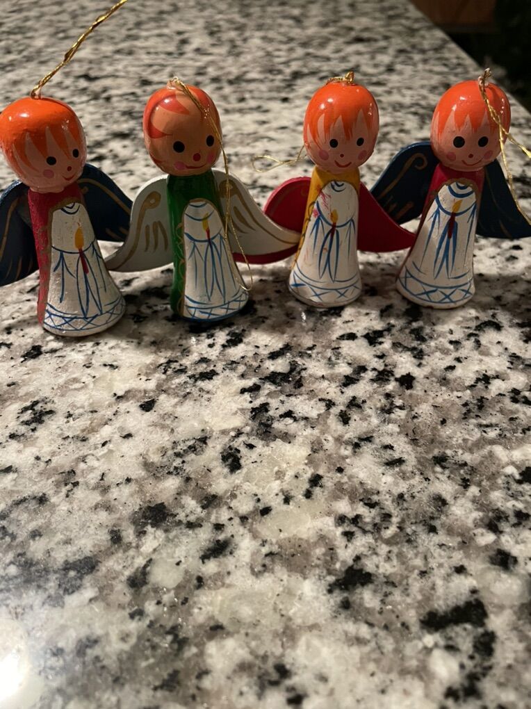 Set Of 4 Vintage Wood Wooden Angel xmas Ornaments