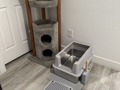 Cat tower 4ft tall, stainless steel litter box, 3 bowls and 2 lids