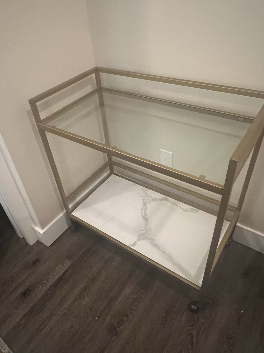 Gold Bar Cart – Glass + Marble-Look Shelf