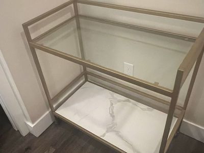 Gold Bar Cart – Glass + Marble-Look Shelf