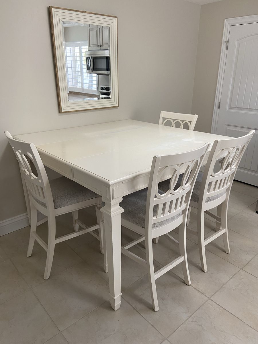Tall Off White Wood Dining Table Set with 4 Padded Chairs - Extendable