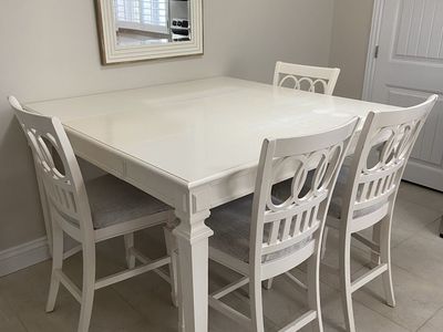 Tall Off White Wood Dining Table Set with 4 Padded Chairs - Extendable