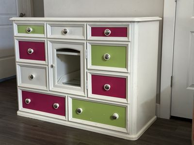 Build A Bear Colorful Kids' Dresser - White with Pink & Green Drawers, glass Cabinet