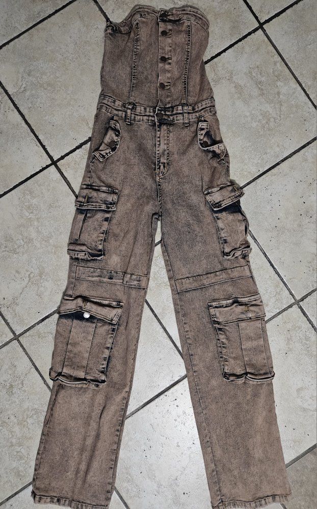 Women's Strapless Acid Wash Denim Jumpsuit Daisy Brand Brown - Versatile Cargo Style