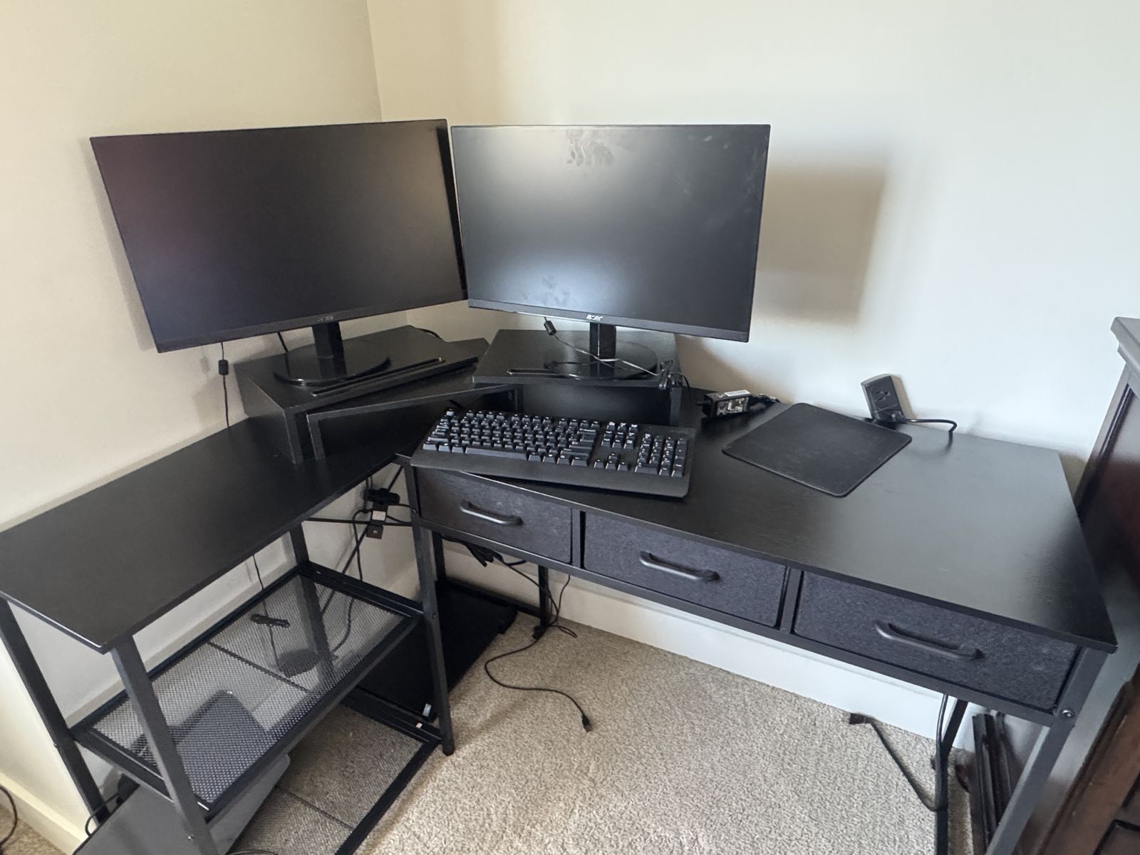 Spacious Black L-Shaped Desk with 3 Fabric Drawers and Monitor Stand - Excellent Condition Home Office Furniture