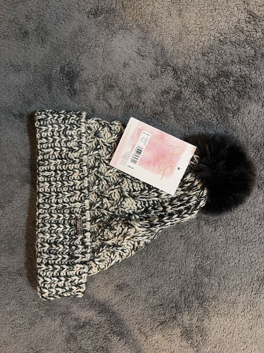 Jessica Simpson Women's Black & White Knit Beanie Hat with Faux Fur Pom - One Size, New with Tags