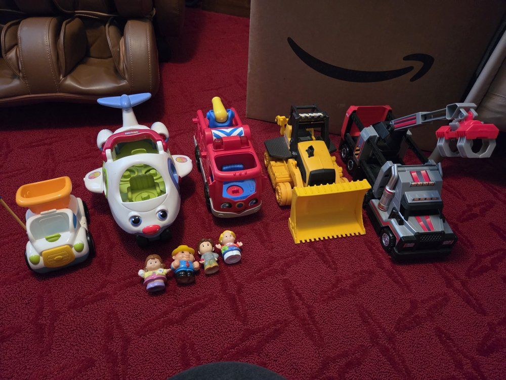 Fisher-Price Little People Airplane, Fire Truck, Bulldozer, and Construction Truck Toy Lot