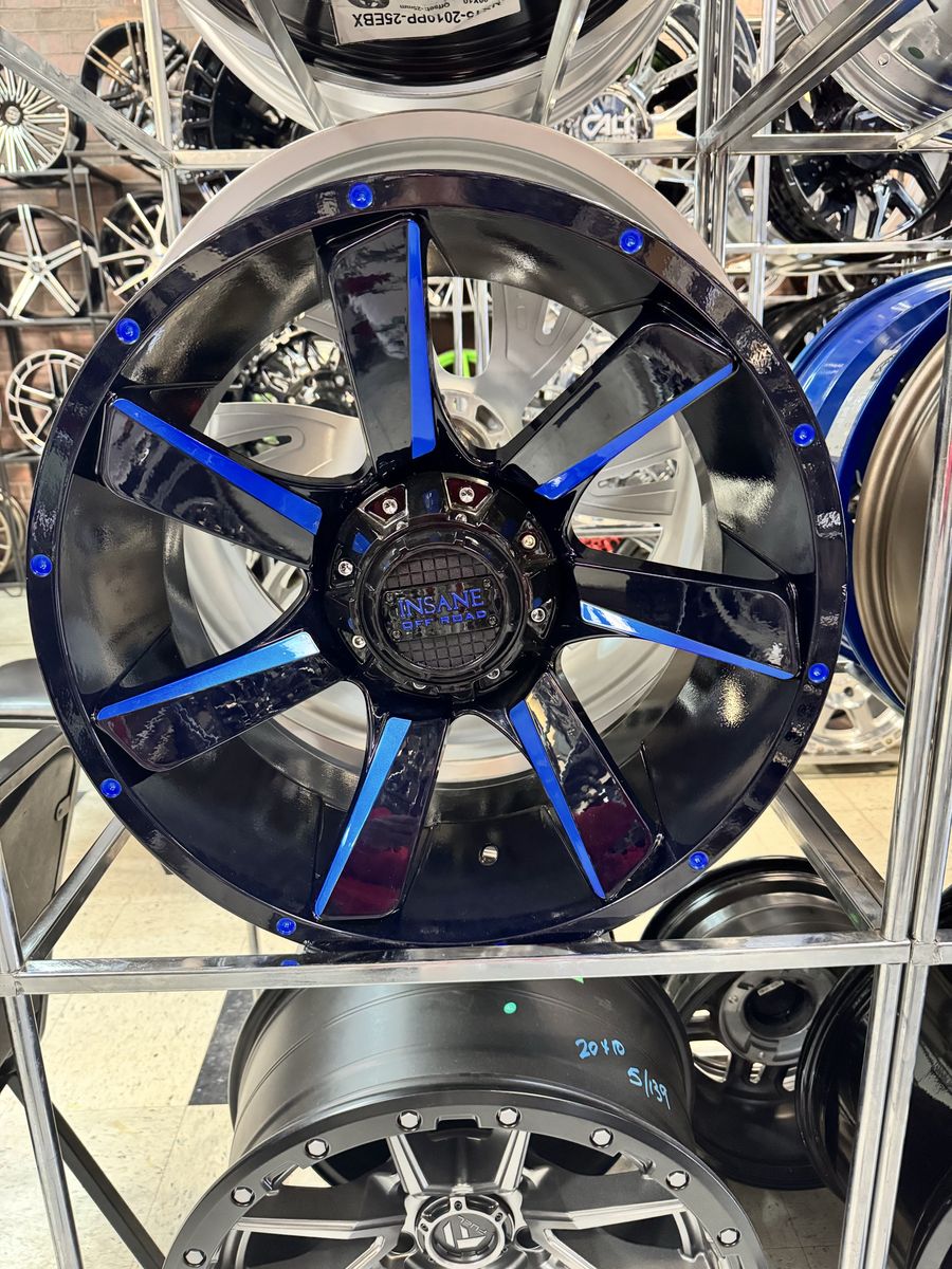 Insane Off-Road 20x10 Gloss Black Blue Milled Wheels - 5x114.3/127 lug Pattern, Offset: 0mm, brand new set of 4 wheels.