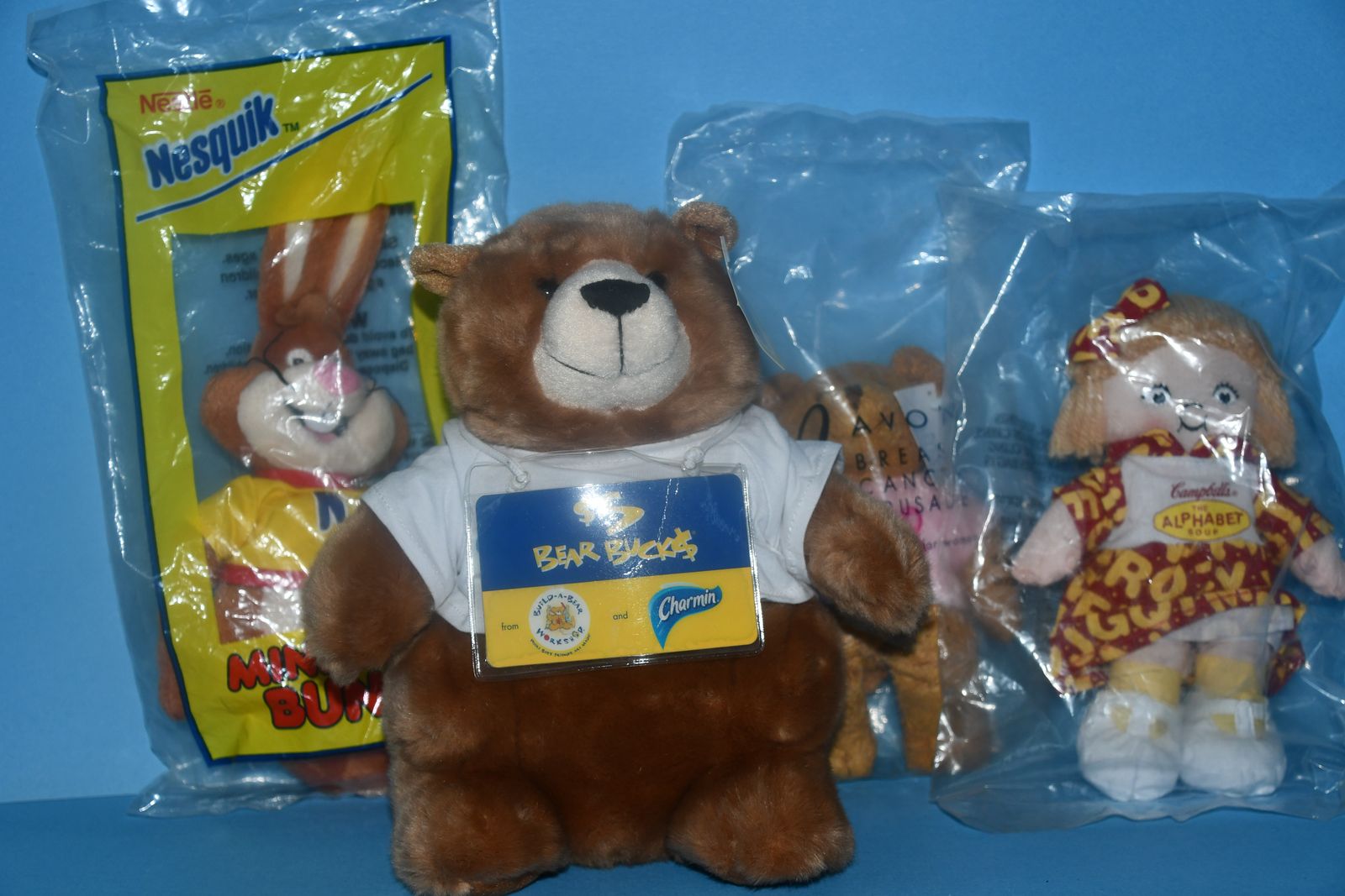 4 NEW VINTAGE TOY STUFFED ANIMALS ~ NESQUICK RABBIT, CHARMIN BEAR, AVON BREAST CANCER & CAMPBELL'S SOUP DOLL