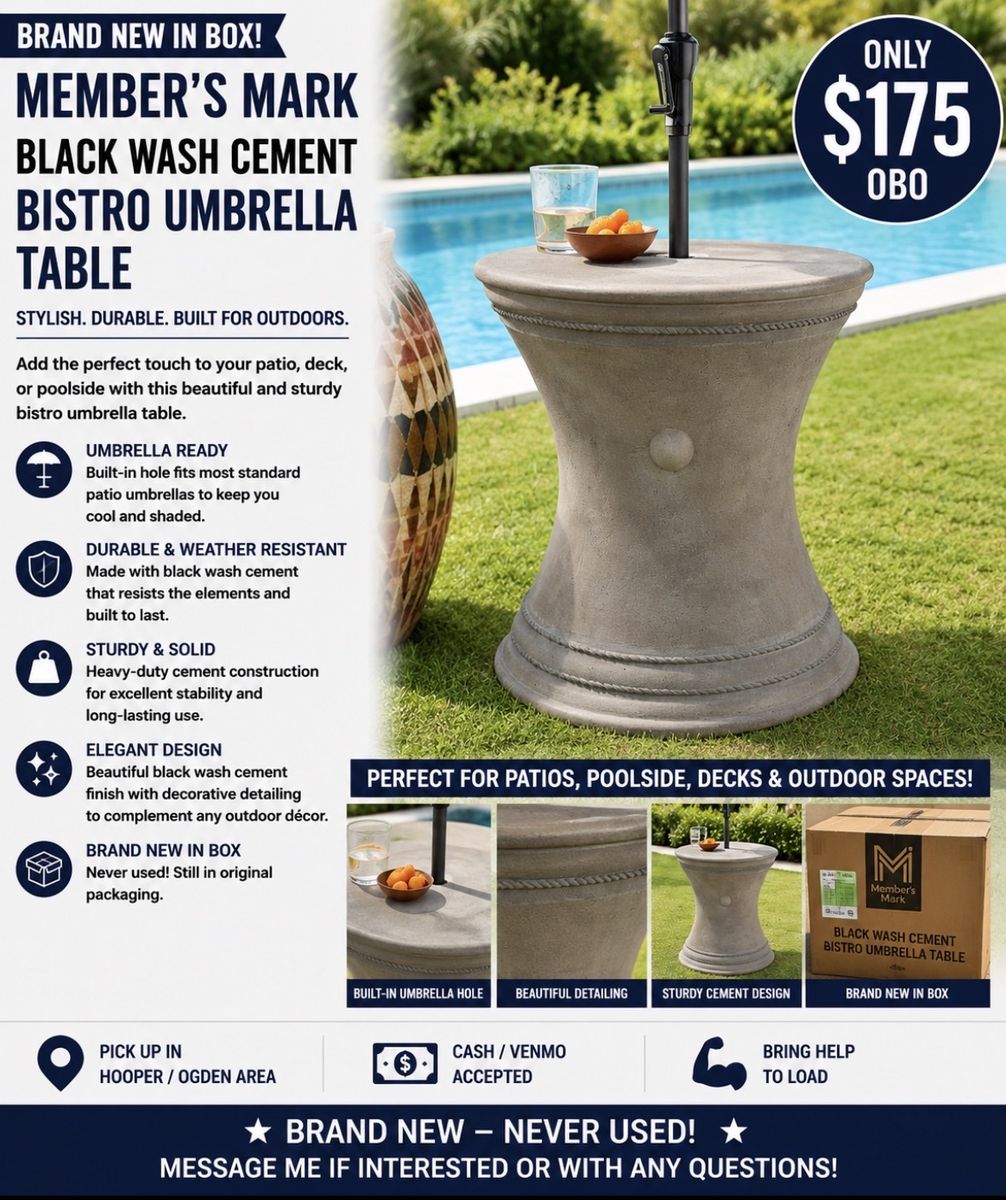 Member's Mark Black Wash Cement Bistro Umbrella Table - New in Box, Outdoor Durable