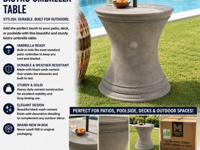 Member's Mark Black Wash Cement Bistro Umbrella Table - New in Box, Outdoor Durable