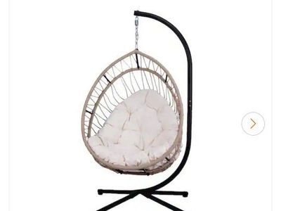 Outdoor Egg-Shaped Hanging Chair with Stand - Beige Gray Wicker Rattan