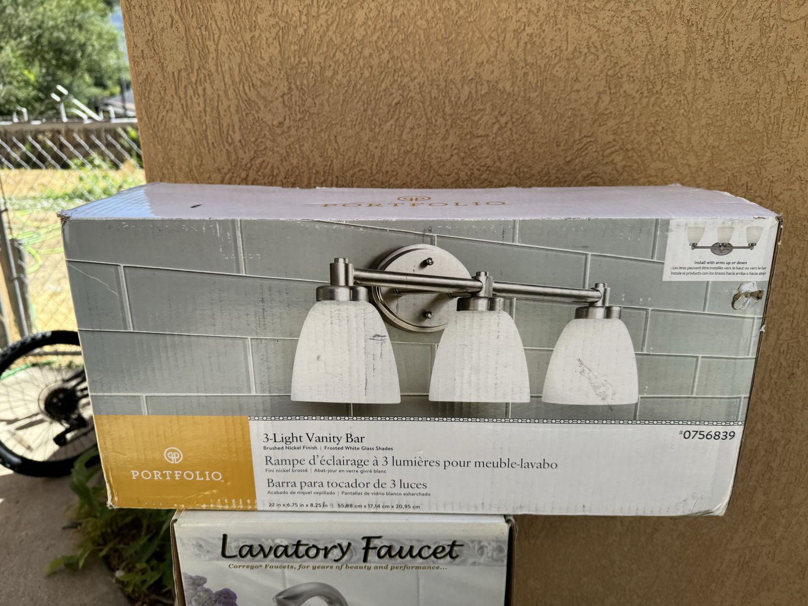 New Portfolio 3-Light Vanity Bar Brushed Nickel Finish Frosted White Glass Shades 22x6.75x8.25in