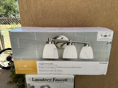 New Portfolio 3-Light Vanity Bar Brushed Nickel Finish Frosted White Glass Shades 22x6.75x8.25in