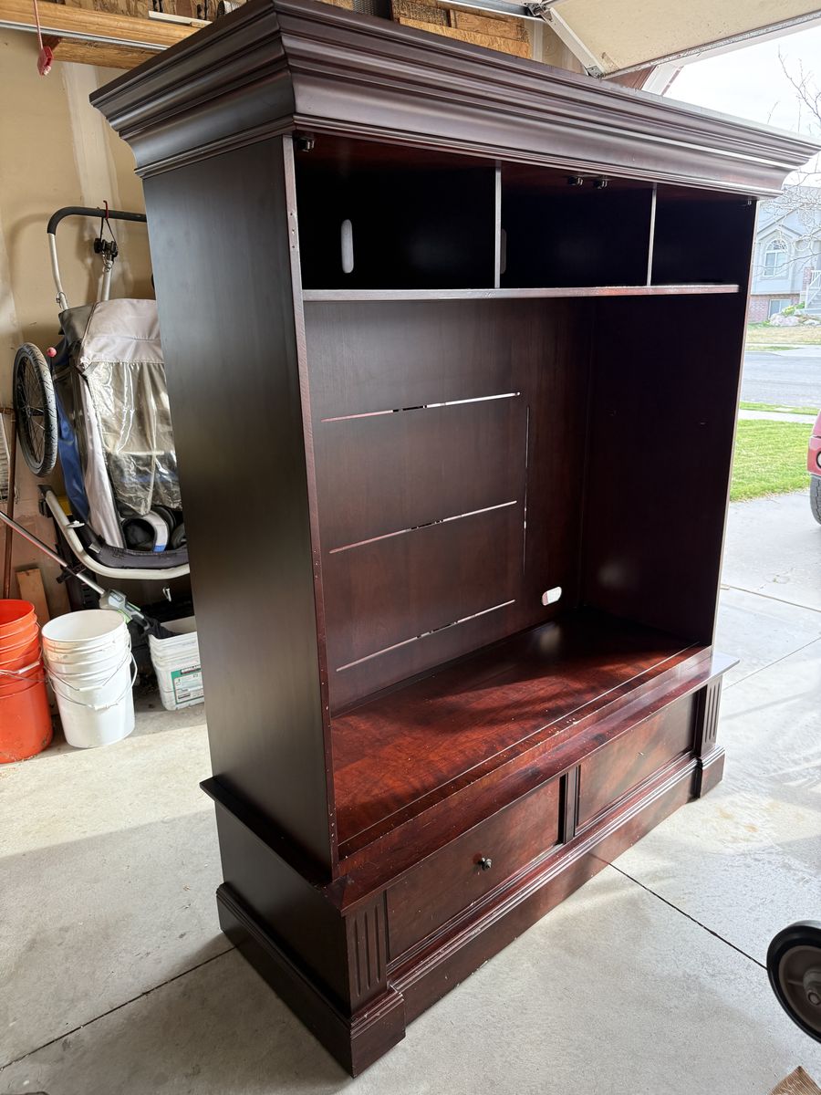 Large Solid Wood TV Entertainment Armoire - Dark Cherry Finish, Crown Molding, Drawers