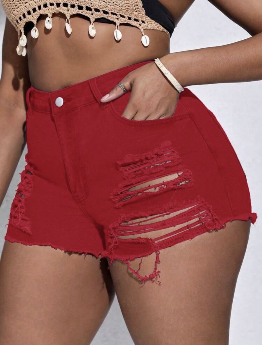 Red Distressed High-Waisted Denim Shorts