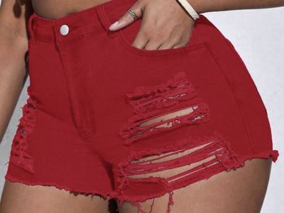 Red Distressed High-Waisted Denim Shorts
