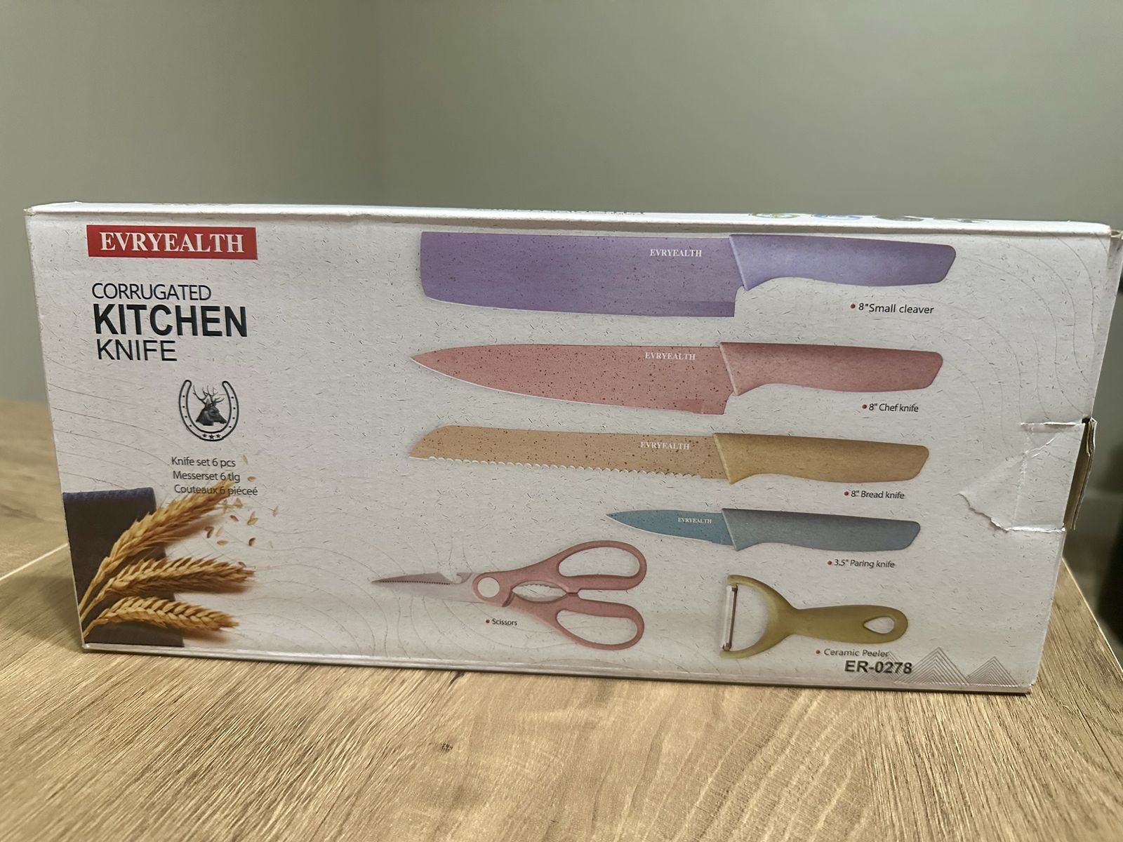 EVRYEALTH Corrugated Kitchen Knife 6-Piece Set - Chef, Cleaver, Bread, Paring Knives, Scissors, Peeler