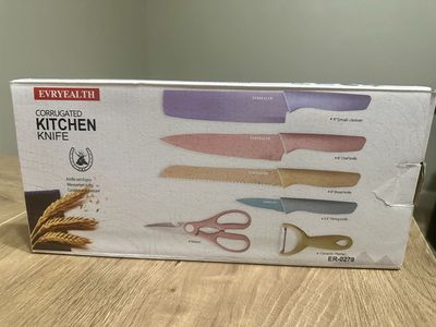 EVRYEALTH Corrugated Kitchen Knife 6-Piece Set - Chef, Cleaver, Bread, Paring Knives, Scissors, Peeler