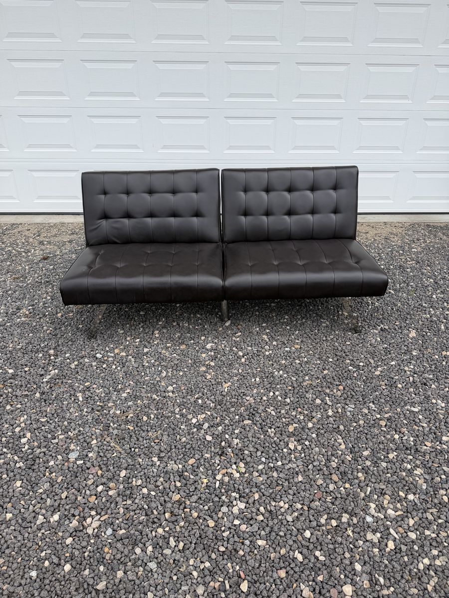 Black Tufted Faux Leather Futon Sofa Bed with Chrome Legs - Convertible & Compact