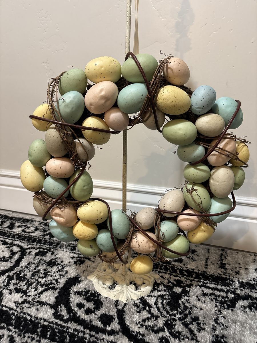 Decorative Easter Egg Wreath with Twig Accent on Stand