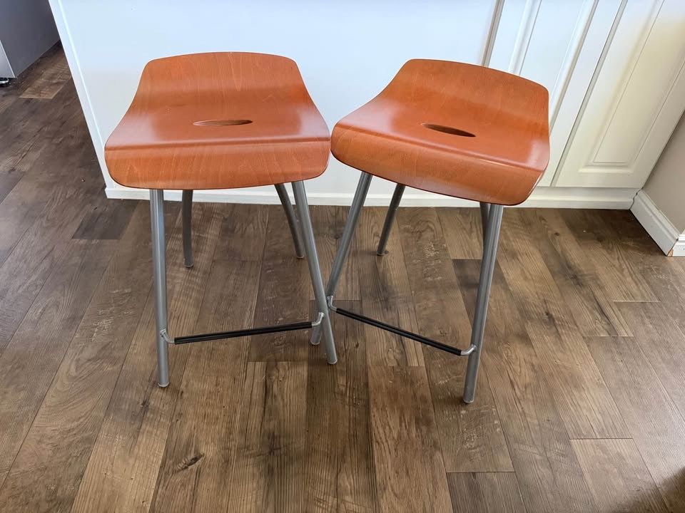 Set of 2 Mid-Century Style Counter Stools — Wood Seat + Metal Legs