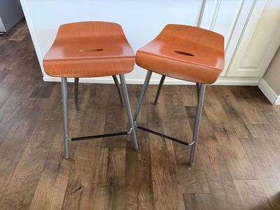 Set of 2 Mid-Century Style Counter Stools — Wood Seat + Metal Legs
