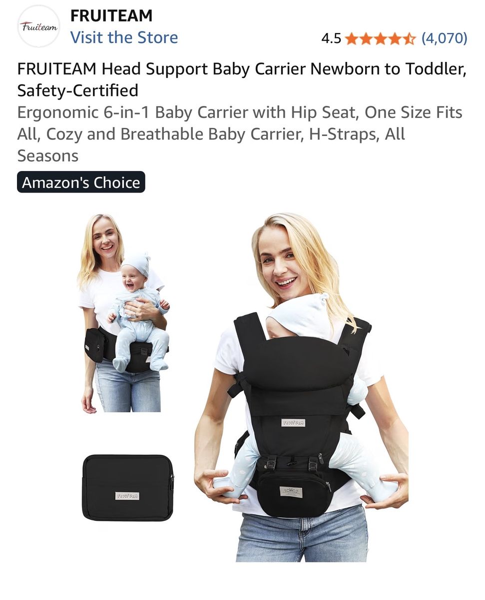 FRUITEAM Ergonomic 6-in-1 Baby Carrier with Hip Seat Black