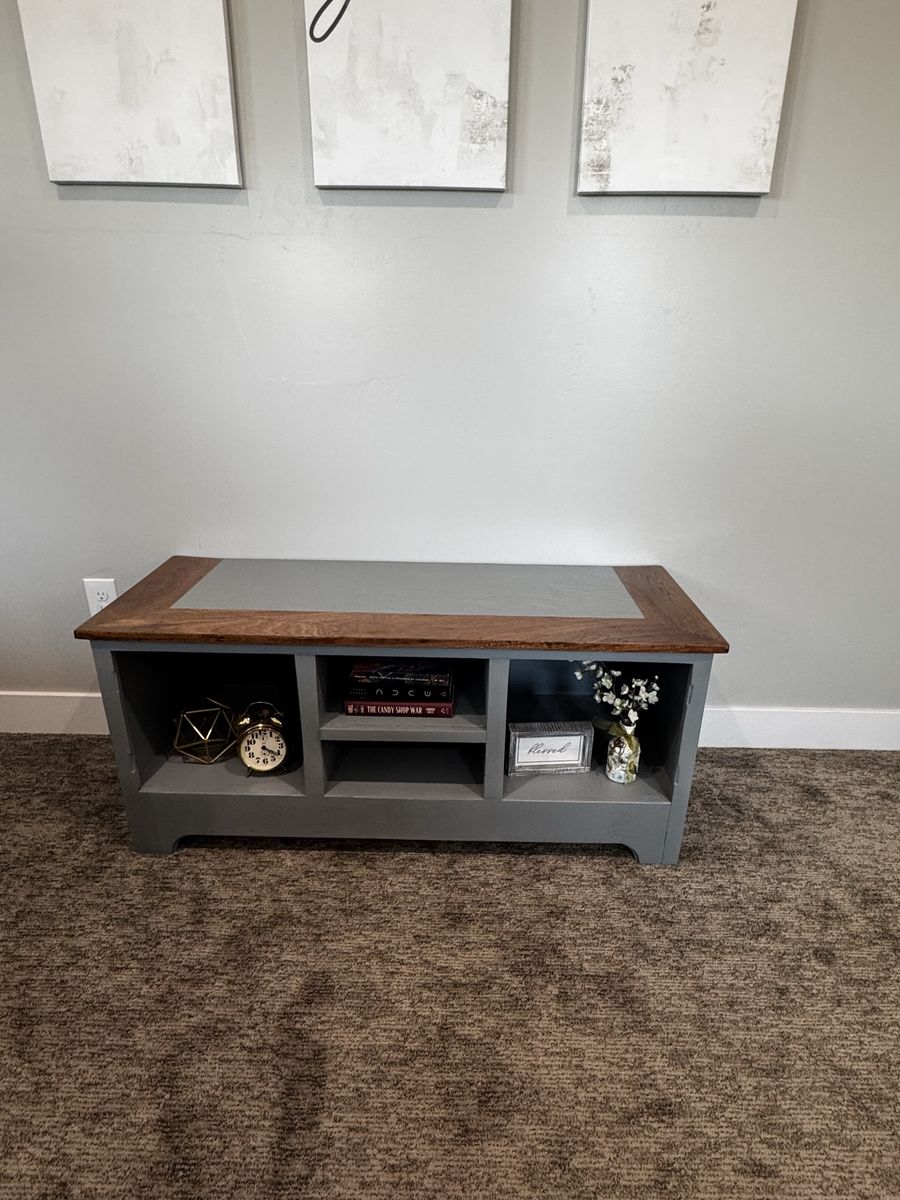 Two-Tone Gray and Wood TV Stand Console with Open Shelving Storage
