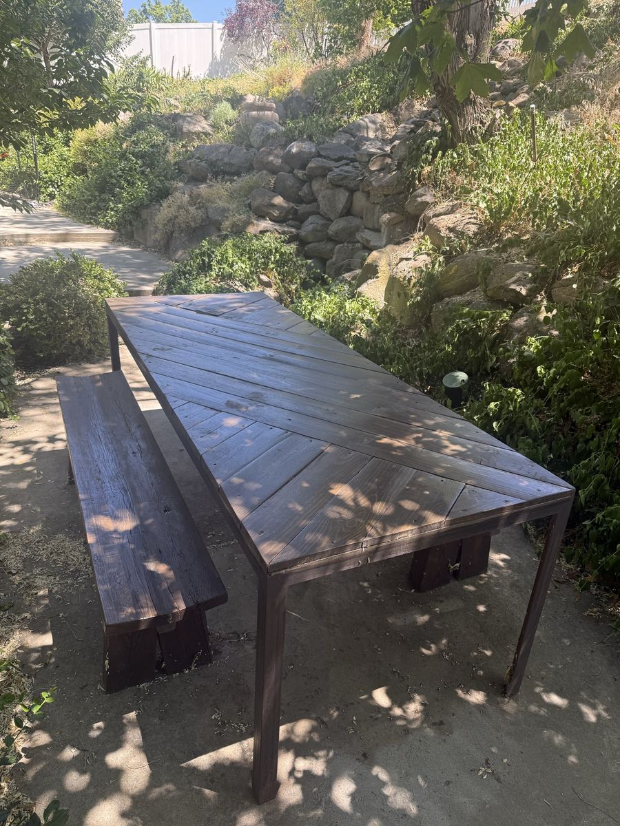 Wood & Metal Outdoor Dining Table and Bench Set - Herringbone Design