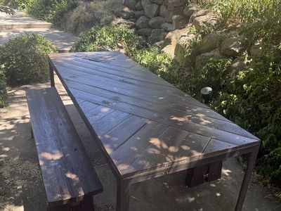 Wood & Metal Outdoor Dining Table and Bench Set - Herringbone Design