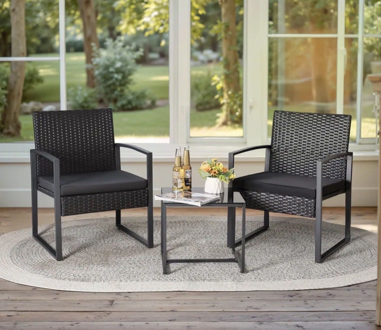 Brand New Rattan outdoor 3 piece furniture set - 2 chairs and 1 table. - modern Black with cushions