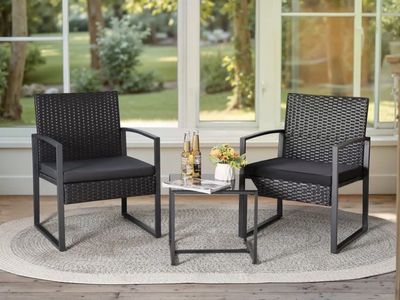 Brand New Rattan outdoor 3 piece furniture set - 2 chairs and 1 table. - modern Black with cushions
