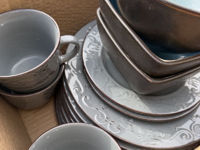 Grey Ceramic Dinnerware Set Plates Bowls and Mugs