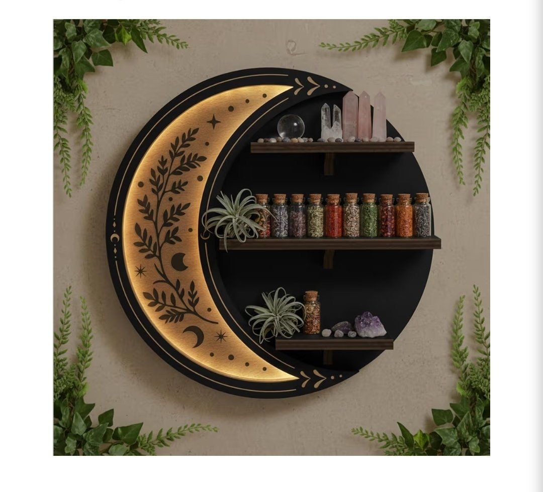 Fnydox 11.8" Half Moon Floating Wall Shelf with 3 Tiers, Black Wood Display Shelf