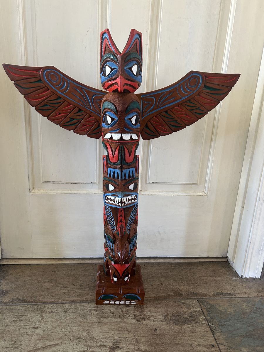 Hand-Carved Totem Pole Style Wood Sculpture – 26" Tall