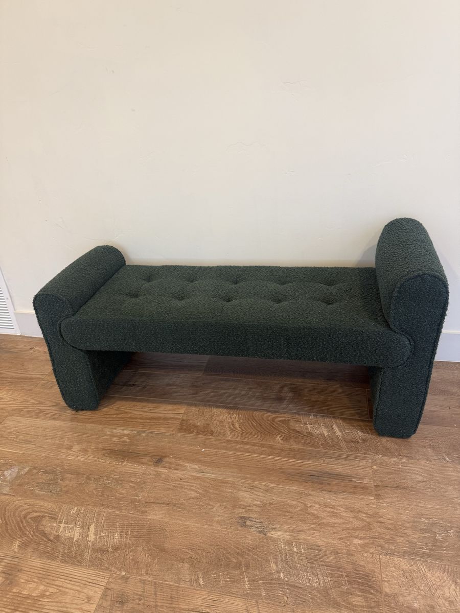 Dark Green Boucle Upholstered Tufted Bench Ottoman with Rolled Arms