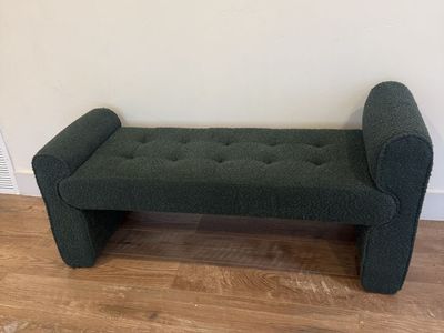 Dark Green Boucle Upholstered Tufted Bench Ottoman with Rolled Arms