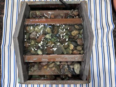 Tabletop Water Fountain, Tiered Copper Design with Natural River Rocks, Soothing Decor