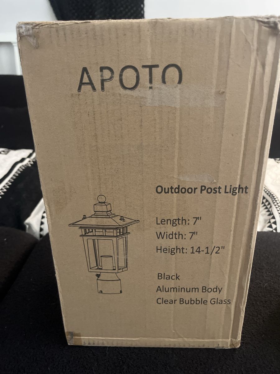 APOTO Outdoor Post Light - Black Aluminum, Clear Bubble Glass, 14.5" H