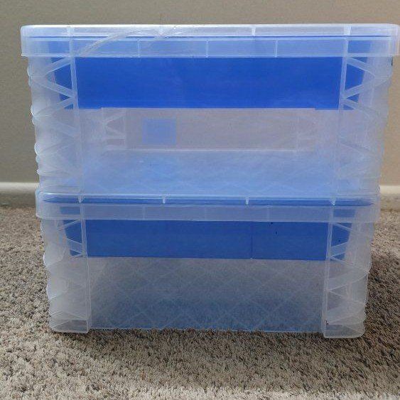 Clear Plastic Storage Tote Bins with Blue Removable Divider Trays - Set of 2