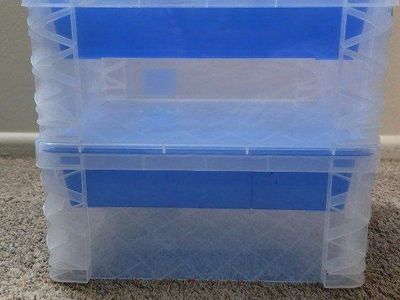 Clear Plastic Storage Tote Bins with Blue Removable Divider Trays - Set of 2