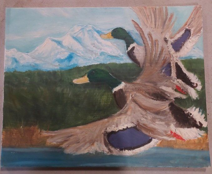 Mallard Ducks Flying Over Mountains Original Oil Painting Wall Art