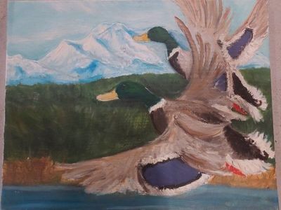 Mallard Ducks Flying Over Mountains Original Oil Painting Wall Art