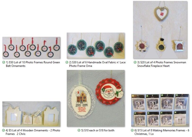 Christmas Ornaments Picture Frames, Cross-stitch, Making Memories, Handmade, Heart, Snowman - NEW