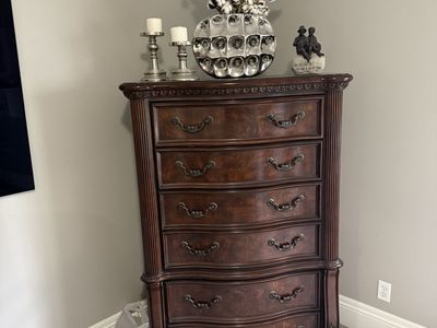 King Size Dark Wood Bedroom Set Including Bed Frame, Two Dressers, and Two Nightstands
