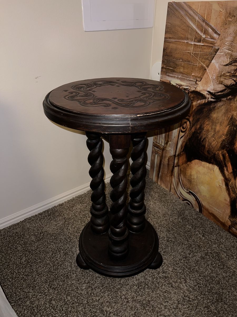 Vintage Dark Wood Round Accent Table with Barley Twist Legs and Carved Top