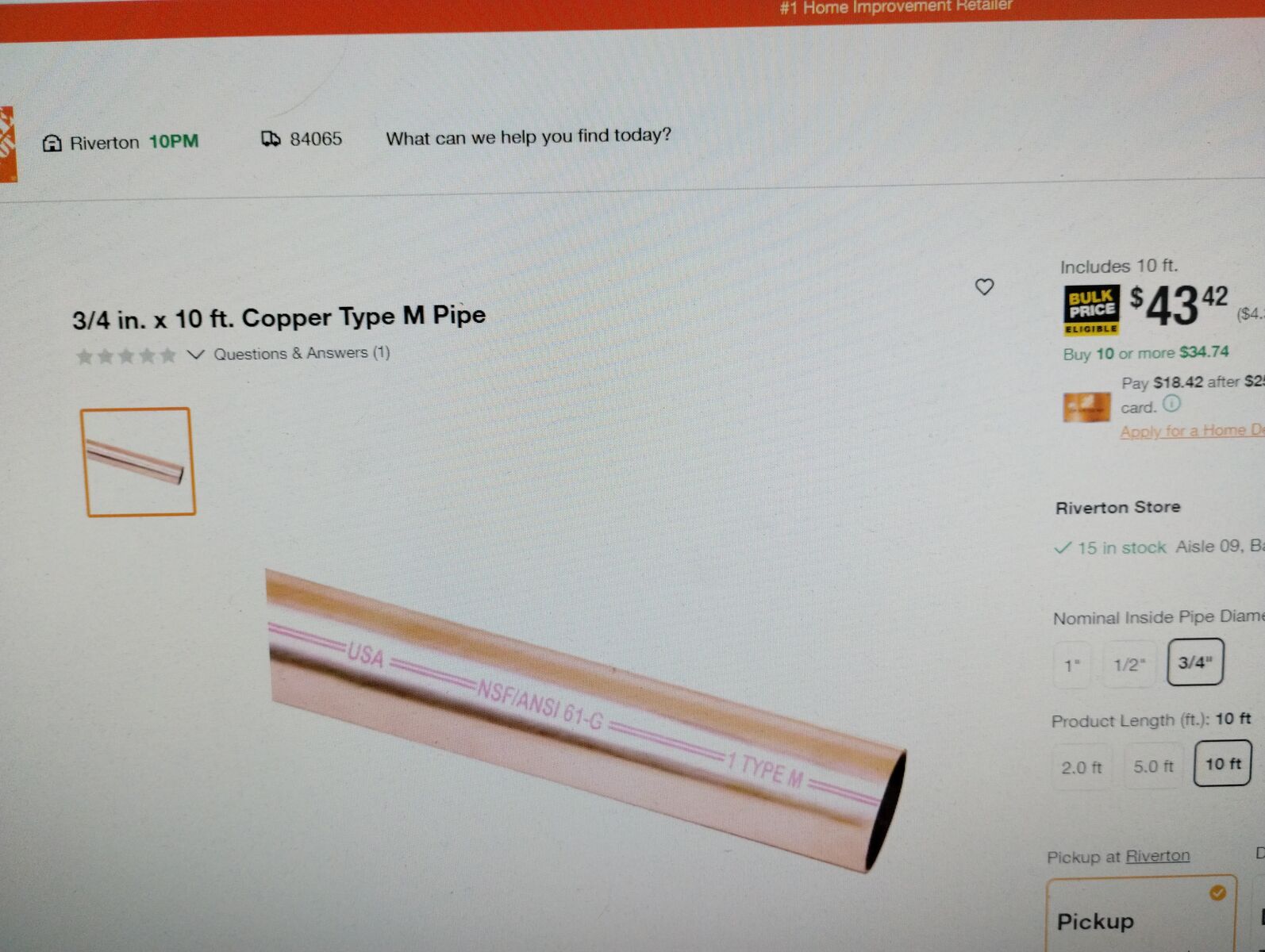 3/4 10 FT M COPPER PIPE 44$ TO 55$ A STICK I HAVE 11 AVIALABLE OPEN TO FIAR OFFERS