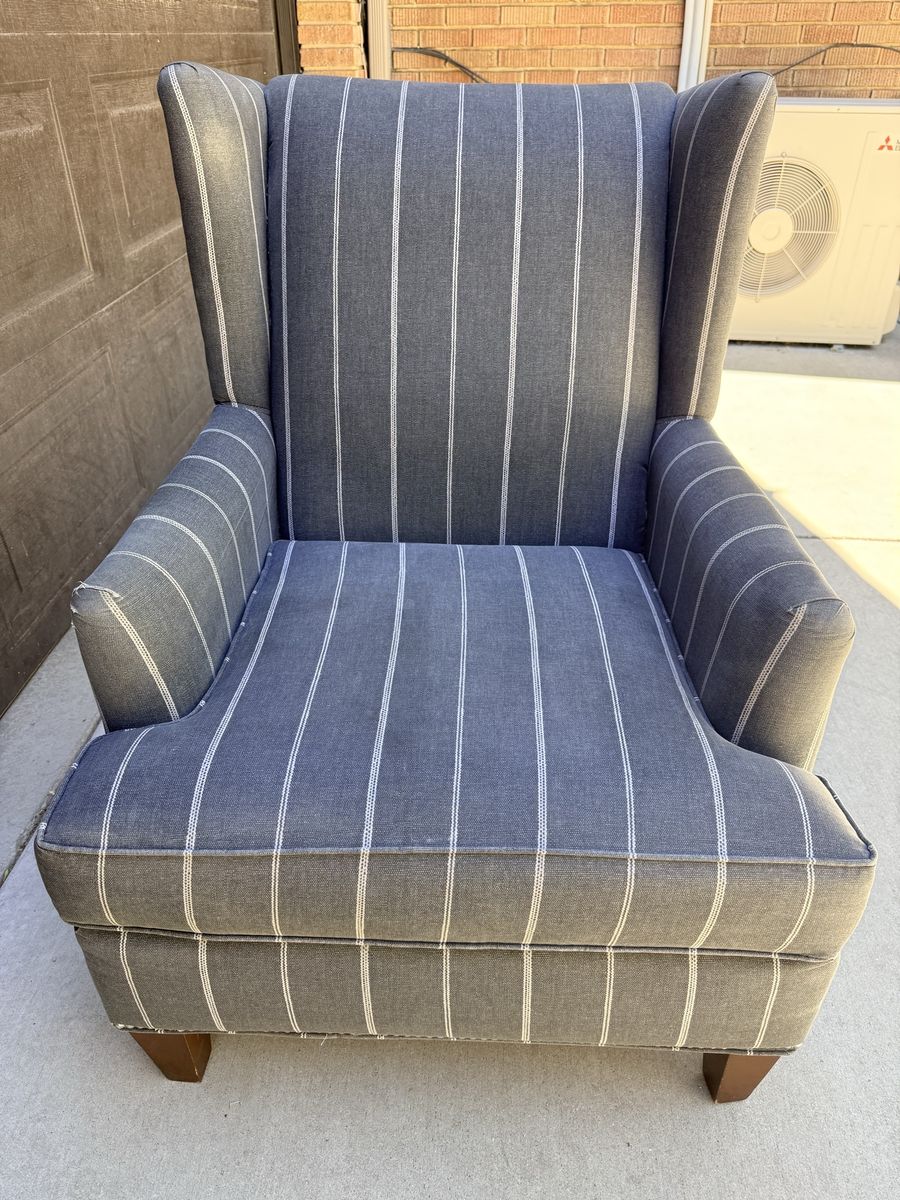 Blue Striped Upholstered Wingback Armchair with Nailhead Trim